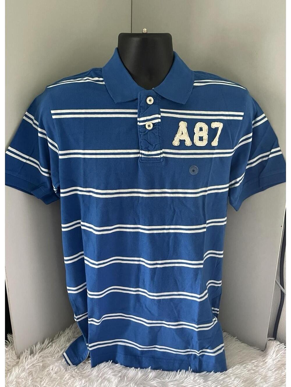 NWT Y2K AEROPOSTALE SS Striped Logo Polo Shirt (Blue/White) (M)